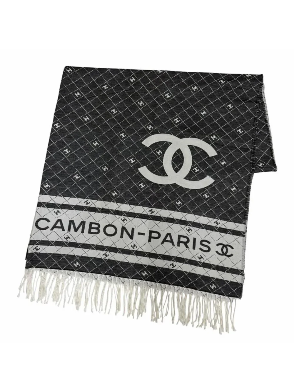 Chanel 31 Rue Cambon Cotton Silk CC Logo Large Shawl with Fringe Gray Scarf
